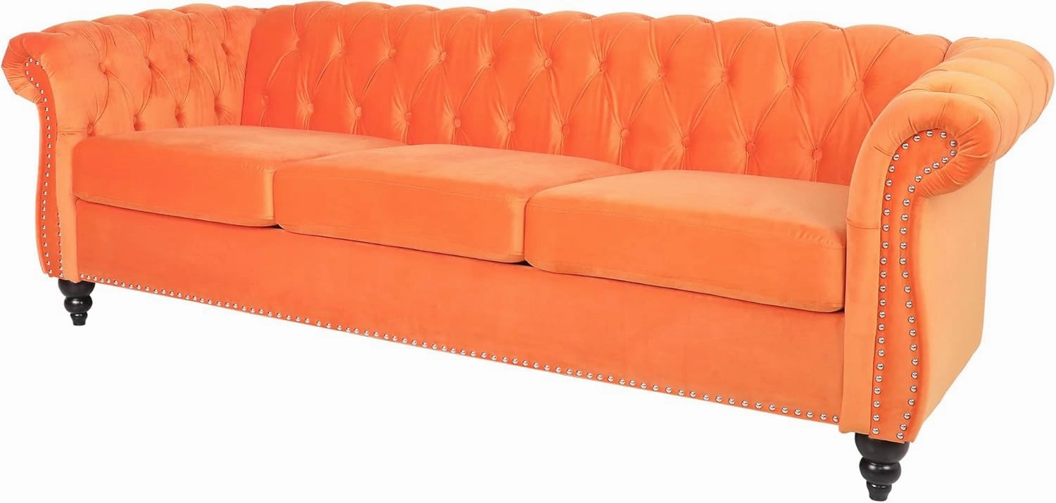 RARZOE Chesterfield Classic Sofa, Mordern 3 Seater Velvet Sofa Couch, Tufted Back Chesterfield Settee Sofas with Nailhead Trim Scroll Arms for Living Room Apartment(Orange)