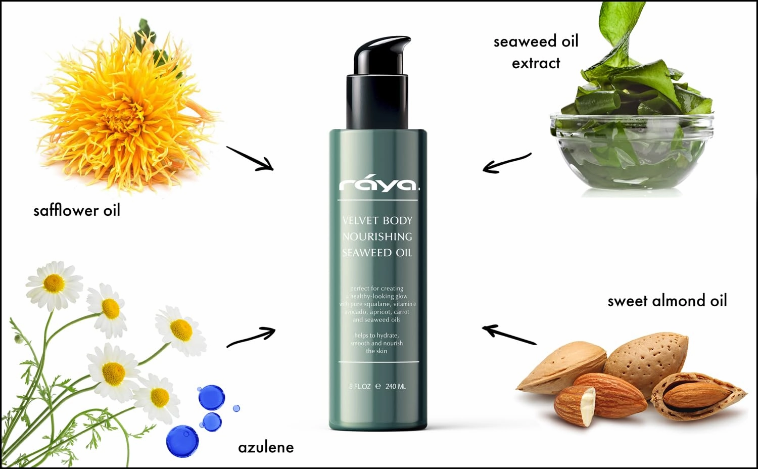 RAYA Velvet Body Nourishing Seaweed 8 oz Oil (S-105) | Hydrating and Nourishing Body Treatment | Made with Natural French Seaweed Oil, Vitamins, and Minerals