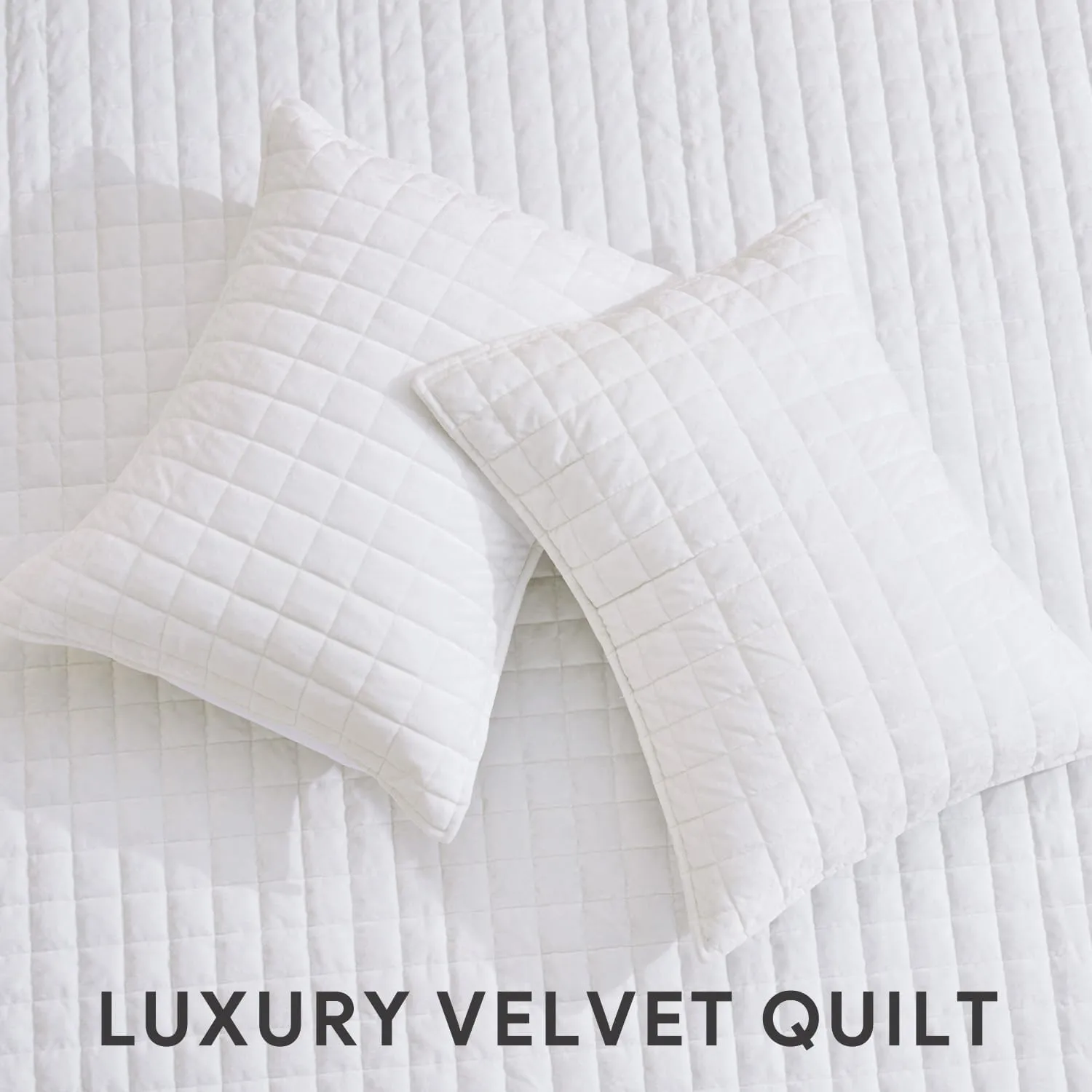 RECYCO Luxury Velvet Quilt Set King Size Bedding Sets, Ultra Soft Velvet Comforter Set, Lightweight Channel Box Stitch Oversized Bedspread Coverlet for All Season, with 2 Shams, Bright White