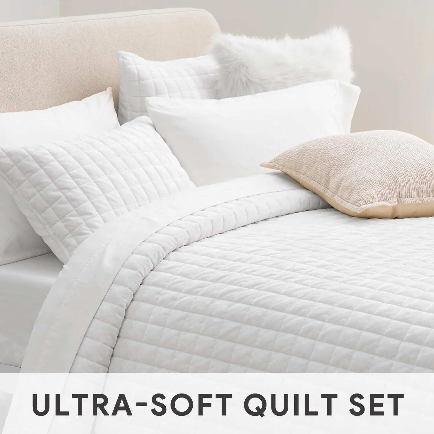RECYCO Luxury Velvet Quilt Set King Size Bedding Sets, Ultra Soft Velvet Comforter Set, Lightweight Channel Box Stitch Oversized Bedspread Coverlet for All Season, with 2 Shams, Bright White