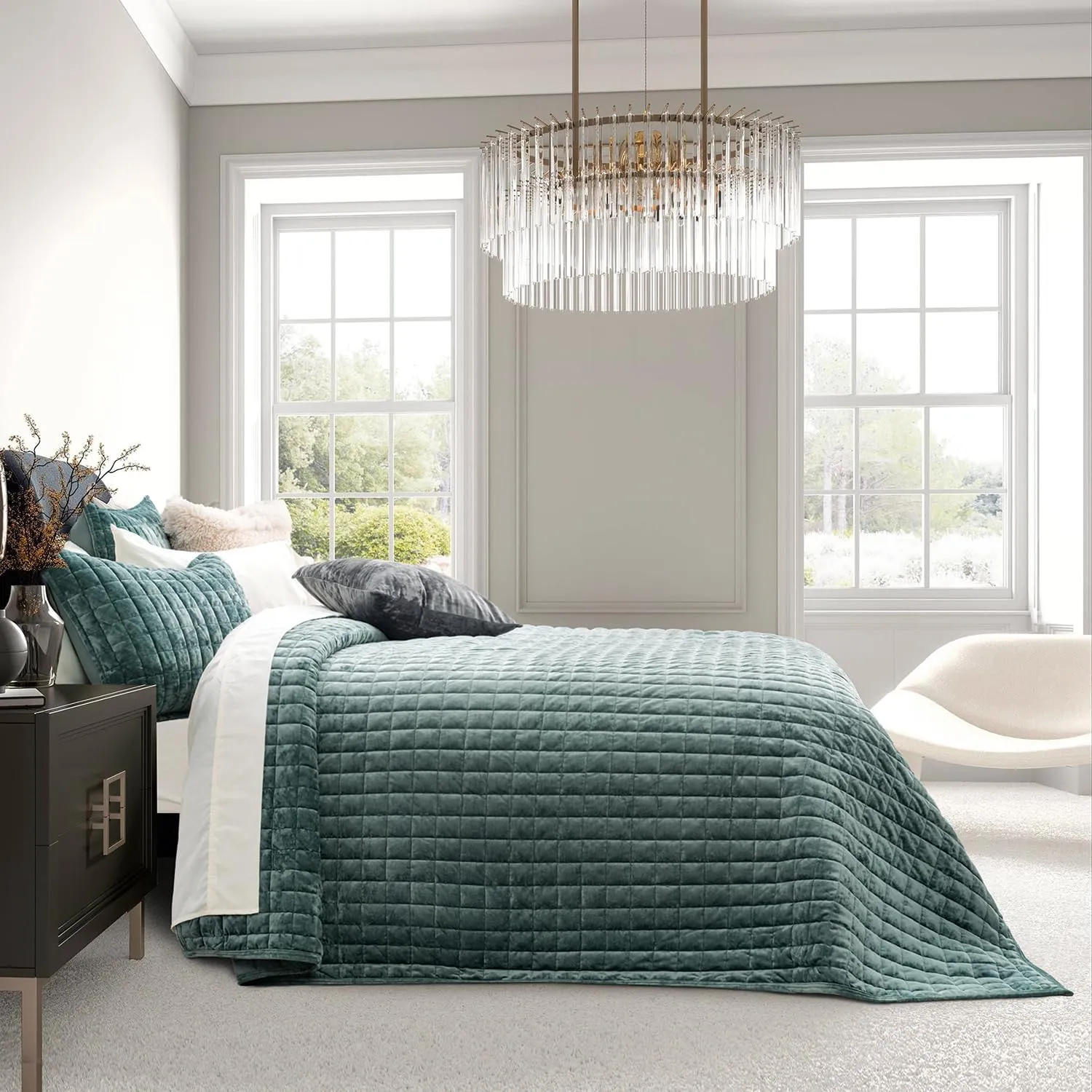 RECYCO Luxury Velvet Quilt Set King Size, Lightweight Velvet Comforter Set, Oversized Bedspread Coverlet Quilted Bedding Set, with 2 Matching Pillow Shams, for All Season, Aqua Green