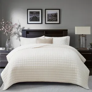 RECYCO Luxury Velvet Quilt Set King Size, Lightweight Velvet Comforter Set, Oversized Bedspread Coverlet Quilted Bedding Set, with 2 Matching Pillow Shams, for All Season, Cream White