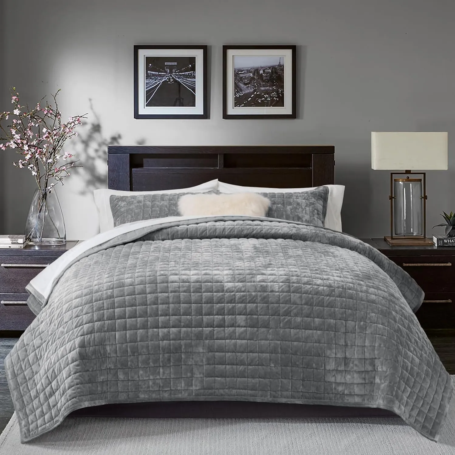 RECYCO Luxury Velvet Quilt Set King Size, Lightweight Velvet Comforter Set, Oversized Bedspread Coverlet Quilted Bedding Set, with 2 Matching Pillow Shams, for All Season, Gray