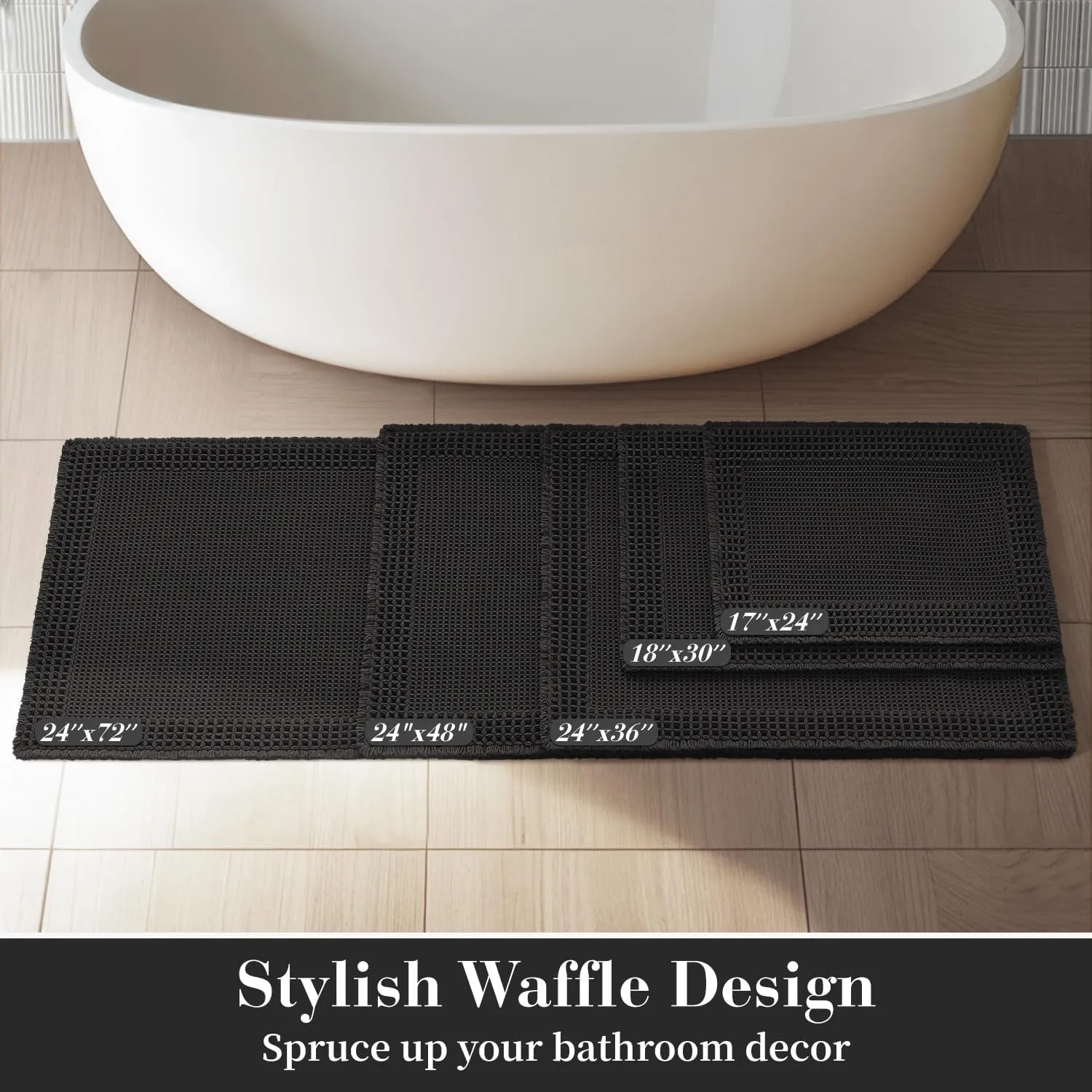 RESARE Waffle Bath Mat for Bathroom, Super Absorbent Bathroom Rugs Non Slip Machine Washable, Ultra Soft Quick Dry Boho Bath Rugs with Tassels for Floor, Upgraded Bordered Design, 17"x24" Black