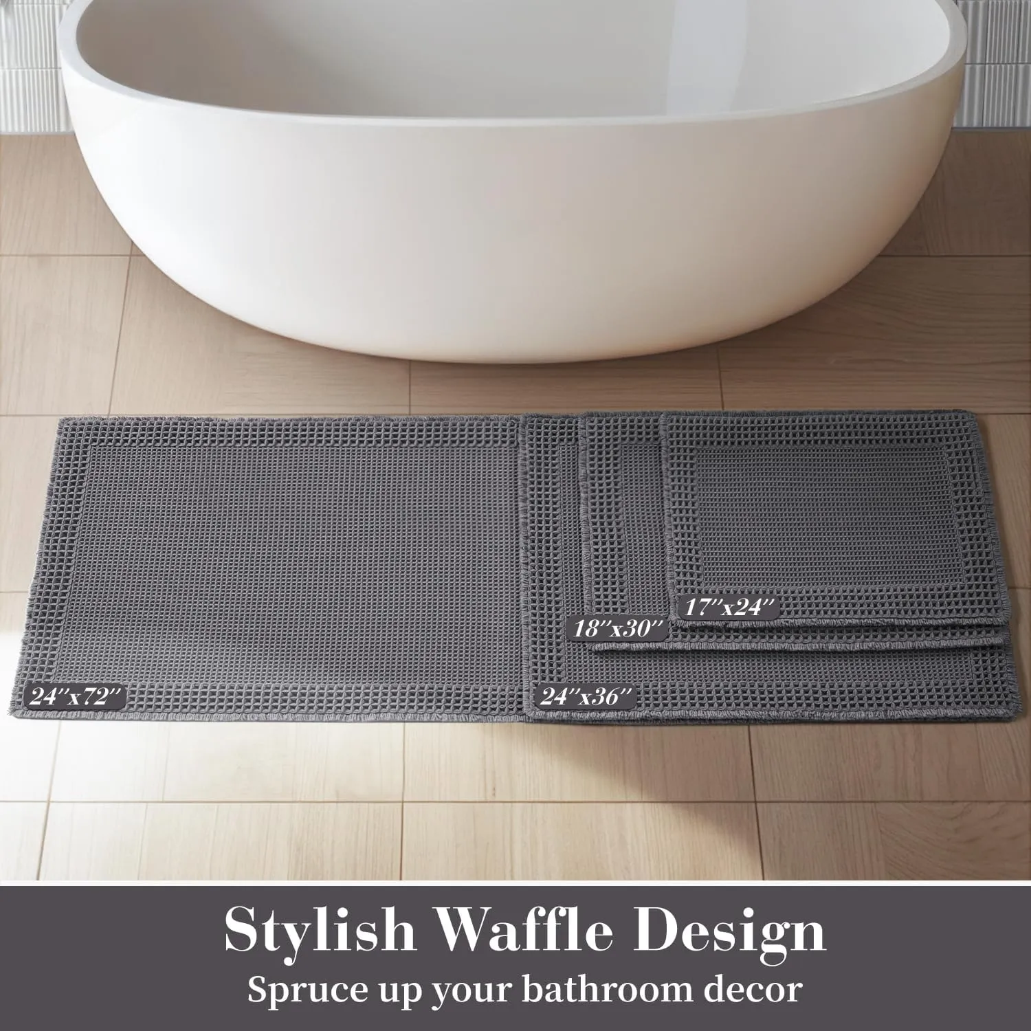 RESARE Waffle Bath Mat - Super Absorbent Non Slip Machine Washable, Ultra Soft Boho Rug with Tassels, Upgraded Bordered Design, 17"x24" Dark Grey