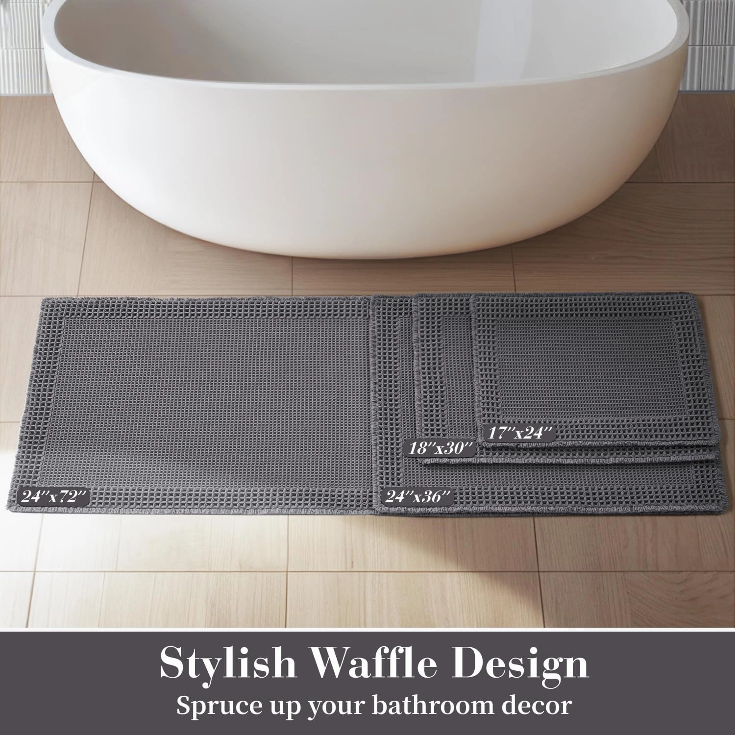 RESARE Waffle Bath Mat - Super Absorbent Non Slip Machine Washable, Ultra Soft Boho Rug with Tassels, Upgraded Bordered Design, 17"x24" Dark Grey