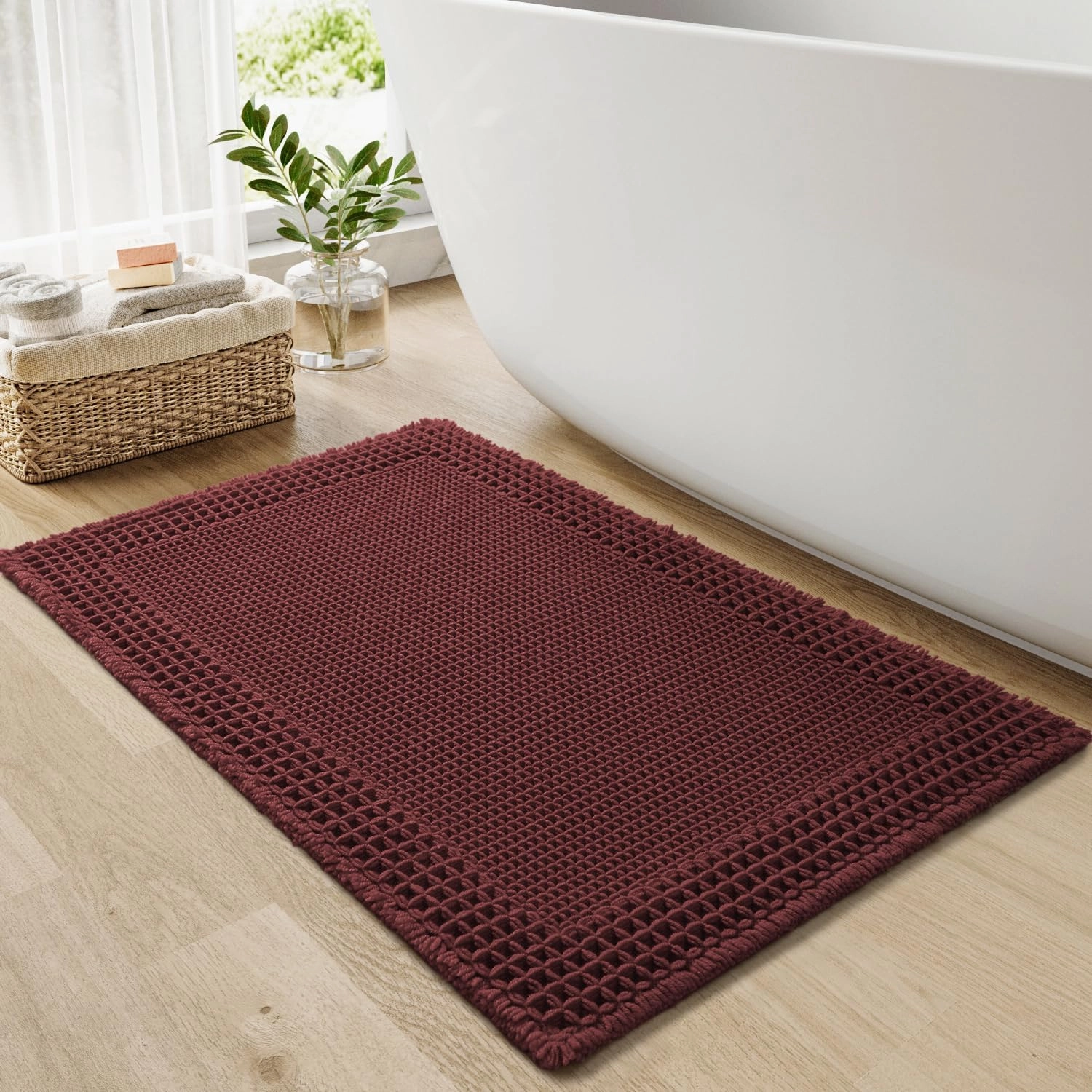 RESARE Waffle Bath Mat for Bathroom, Super Absorbent Bathroom Rugs Non Slip Machine Washable, Ultra Soft Quick Dry Boho Bath Rugs with Tassels for Floor, Upgraded Bordered Design, 17"x24" Dark Red