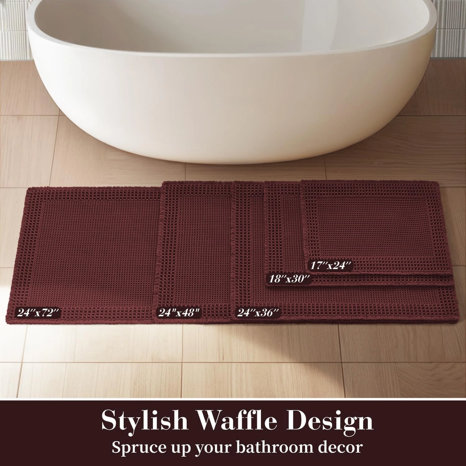 RESARE Waffle Bath Mat for Bathroom, Super Absorbent Bathroom Rugs Non Slip Machine Washable, Ultra Soft Quick Dry Boho Bath Rugs with Tassels for Floor, Upgraded Bordered Design, 17"x24" Dark Red