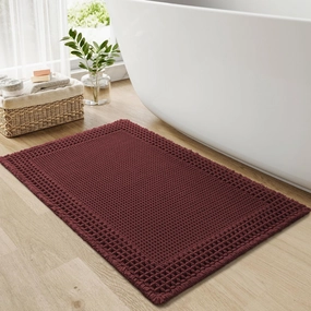 RESARE Waffle Bath Mat for Bathroom, Super Absorbent Bathroom Rugs Non Slip Machine Washable, Ultra Soft Quick Dry Boho Bath Rugs with Tassels for Floor, Upgraded Bordered Design, 17"x24" Dark Red
