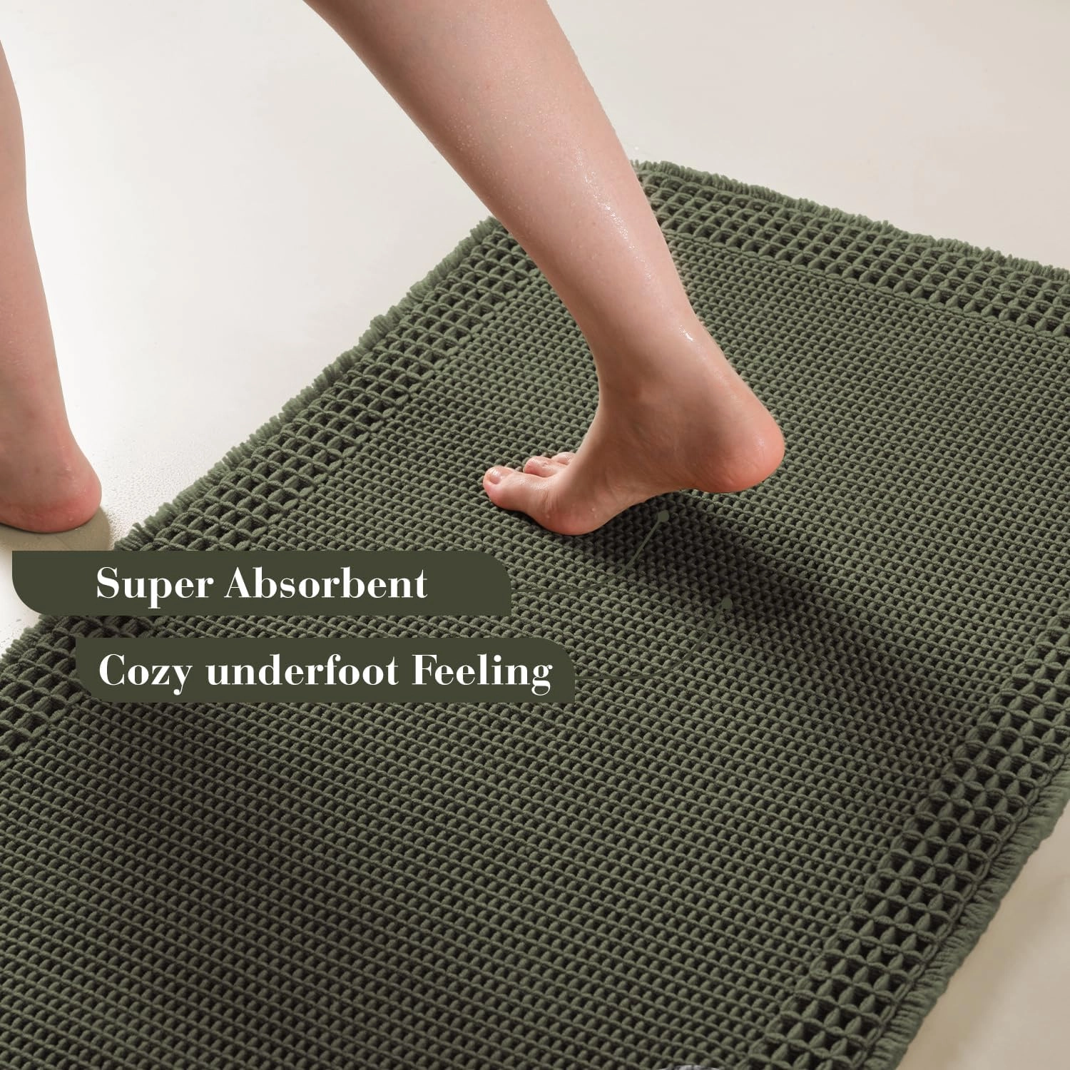 RESARE Waffle Bath Mat for Bathroom, Super Absorbent Bathroom Rugs Non Slip Machine Washable, Ultra Soft Quick Dry Boho Bath Rugs with Tassels for Floor, Upgraded Bordered Design, 17"x24" Green