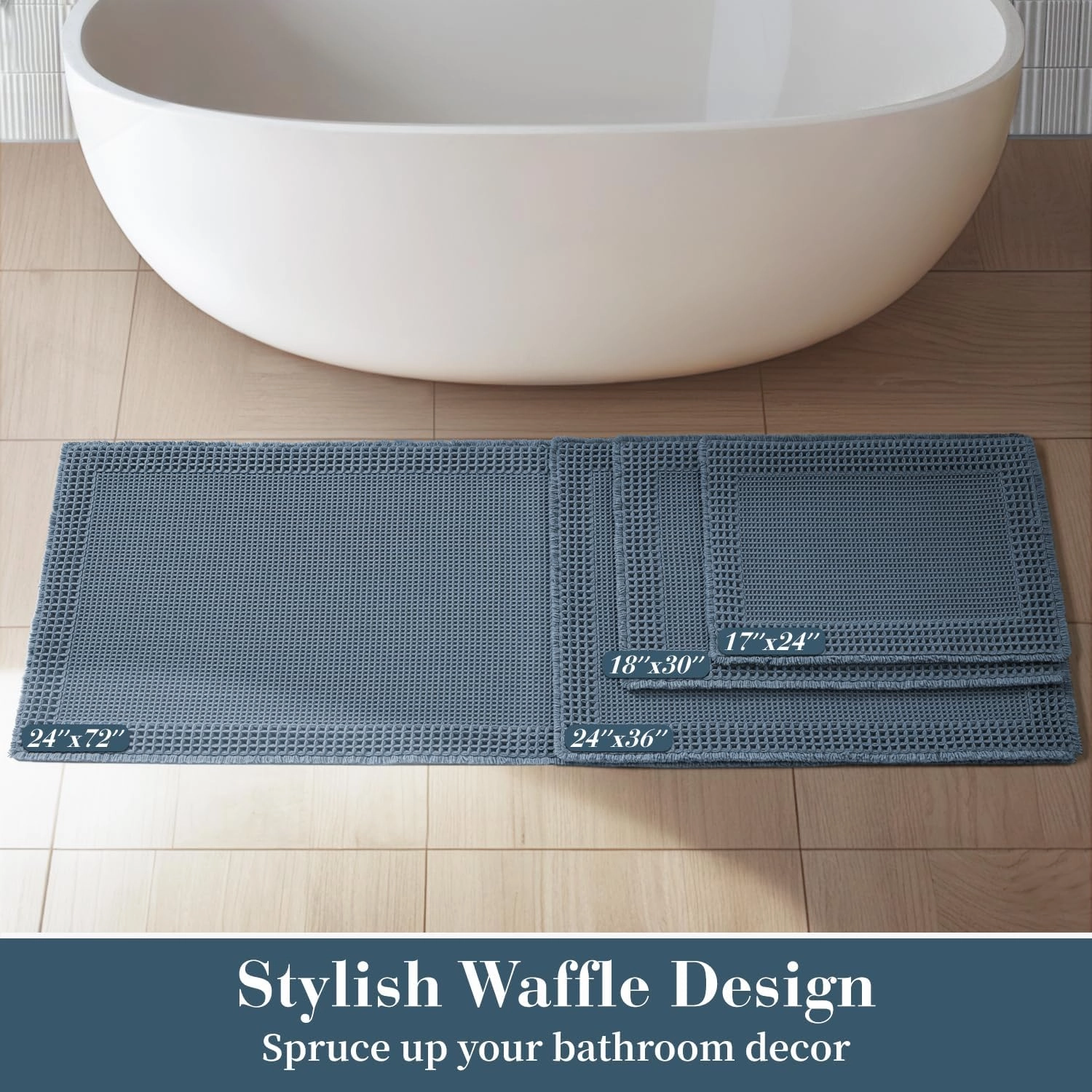 RESARE Waffle Bathroom Runner Rugs, Super Absorbent Bath Mat Non Slip Washable Quick Dry, Upgraded Ultra Soft Boho Bath Rugs with Tassels for Hallway Bedroom Laundry Room, 2'x6'(24"x72"), Blue