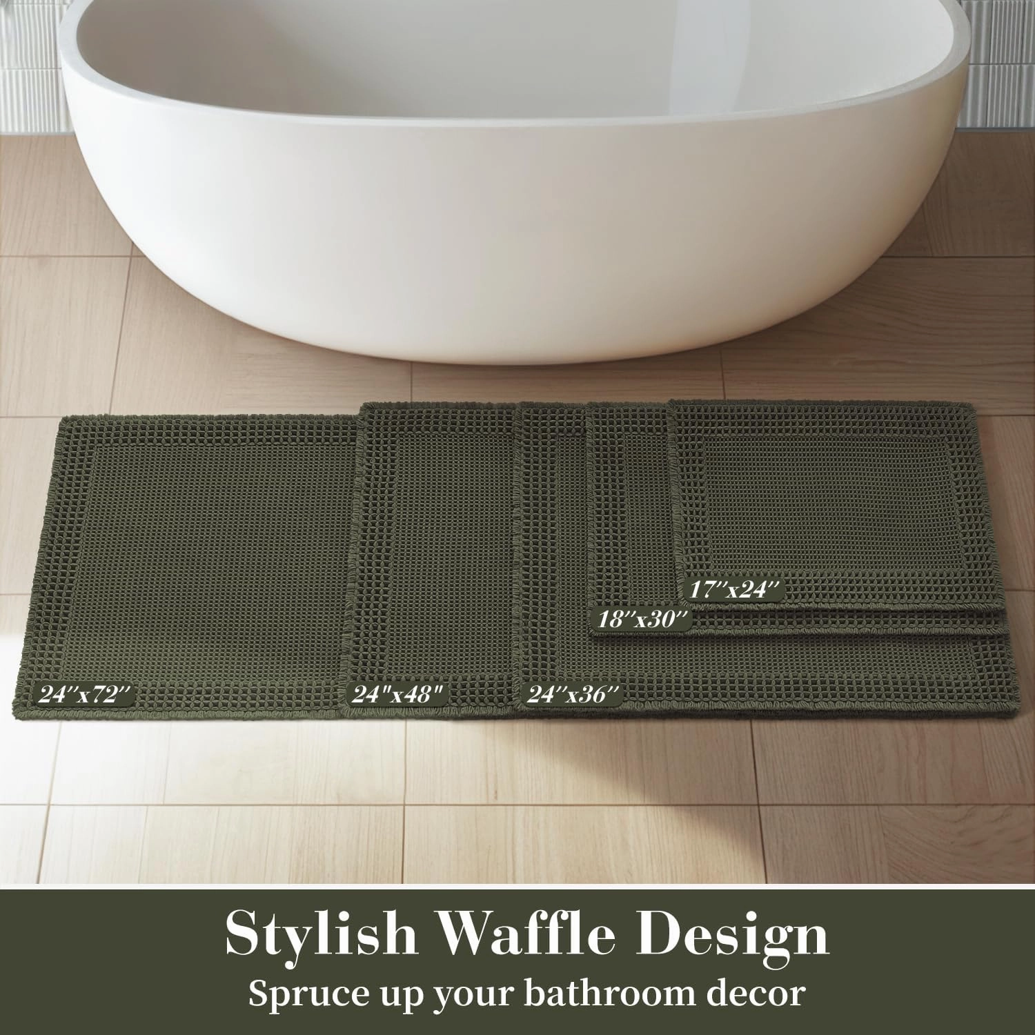 RESARE Waffle Bathroom Runner Rugs, Super Absorbent Bath Mat Non Slip Washable Quick Dry, Upgraded Ultra Soft Boho Bath Rugs with Tassels for Hallway Bedroom Laundry Room, 2'x6'(24"x72"), Green