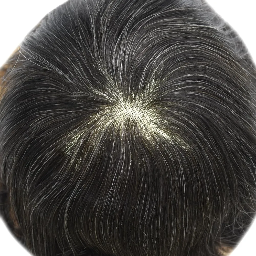 RESHE Durable Hair System Replacement For Men French Lace Front Mens Toupee Human Hair Pieces Fine Mono Toupee For Men Hairpieces 7X9 Medium light density #1B20 1B# OFF BLACK 20% GREY