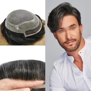 RESHE Durable Hair System Replacement For Men French Lace Front Mens Toupee Human Hair Pieces Fine Mono Toupee For Men Hairpieces 7X9 Medium light density #1B20 1B# OFF BLACK 20% GREY
