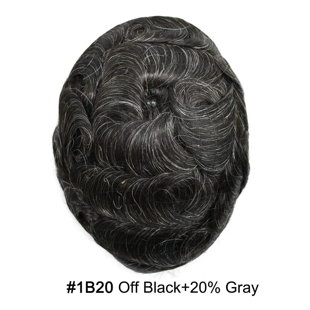 RESHE Durable Hair System Replacement For Men French Lace Front Mens Toupee Human Hair Pieces Fine Mono Toupee For Men Hairpieces 7X9 Medium light density #1B20 1B# OFF BLACK 20% GREY