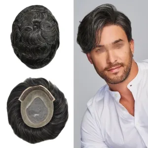 RESHE Durable Hair System Replacement For Men French Lace Front Mens Toupee Human Hair Pieces Fine Mono Toupee For Men Hairpieces 7X9 Medium light density #1B30 1B# OFF BLACK 30% GREY