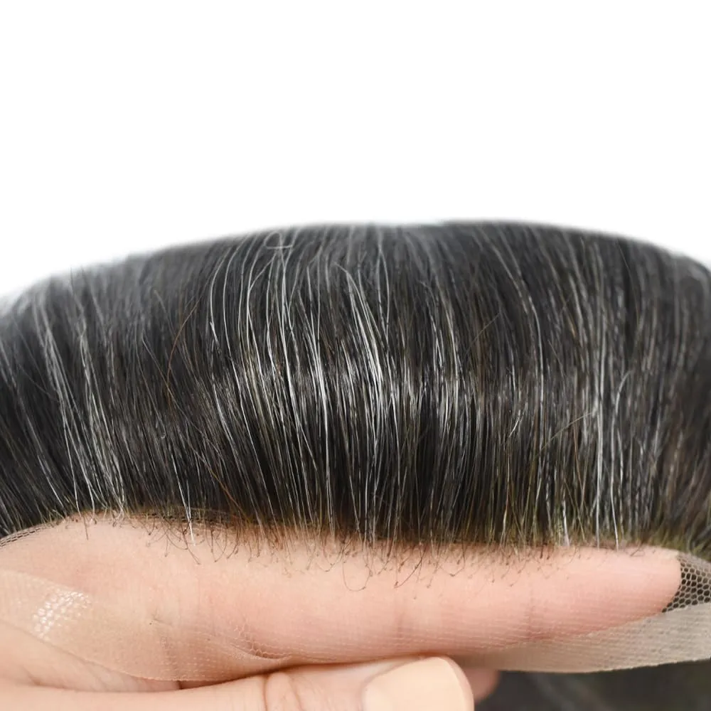 RESHE Durable Hair System Replacement For Men French Lace Front Mens Toupee Human Hair Pieces Fine Mono Toupee For Men Hairpieces 7X9 Medium light density #1B30 1B# OFF BLACK 30% GREY