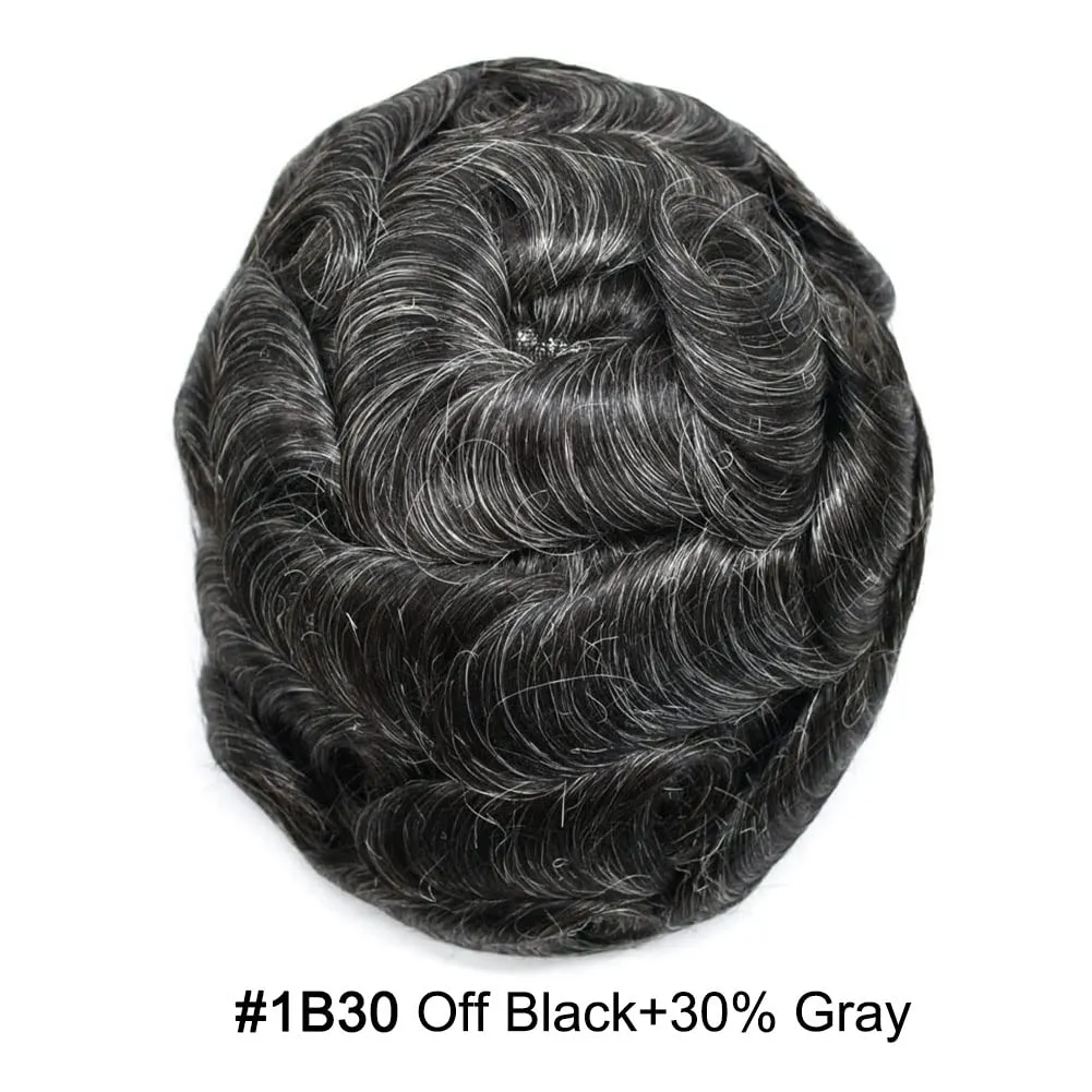 RESHE Durable Hair System Replacement For Men French Lace Front Mens Toupee Human Hair Pieces Fine Mono Toupee For Men Hairpieces 7X9 Medium light density #1B30 1B# OFF BLACK 30% GREY