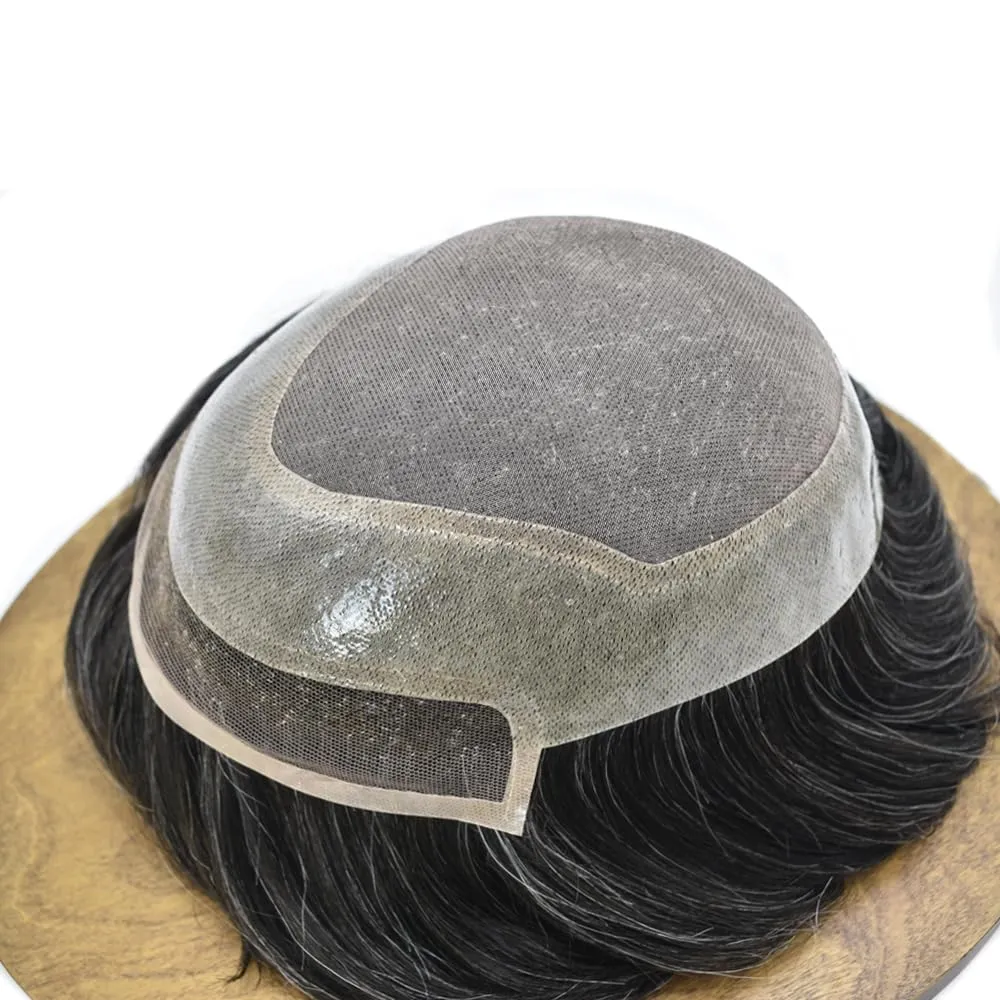 RESHE Durable Hair System Replacement For Men French Lace Front Mens Toupee Human Hair Pieces Fine Mono Toupee For Men Hairpieces 7X9 Medium light density #1B30 1B# OFF BLACK 30% GREY