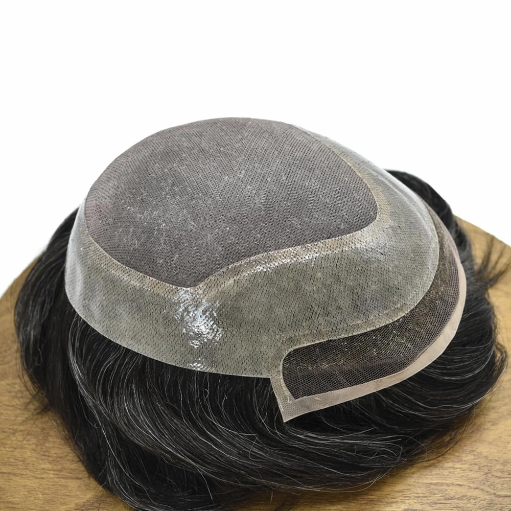RESHE Durable Hair System Replacement For Men French Lace Front Mens Toupee Human Hair Pieces Fine Mono Toupee For Men Hairpieces 7X9 Medium light density #1B40 1B# OFF BLACK 40% GREY