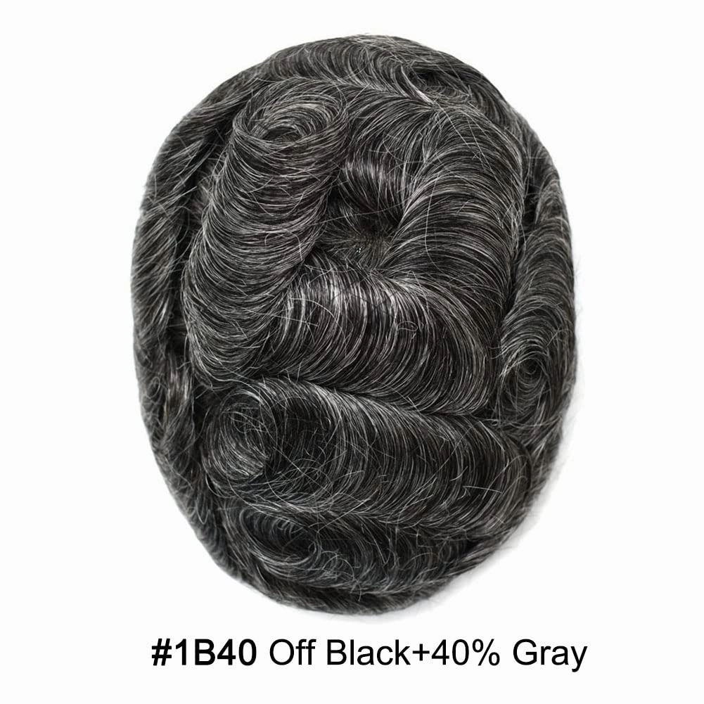 RESHE Durable Hair System Replacement For Men French Lace Front Mens Toupee Human Hair Pieces Fine Mono Toupee For Men Hairpieces 7X9 Medium light density #1B40 1B# OFF BLACK 40% GREY