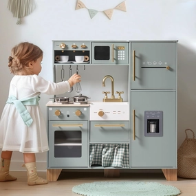 ROBOTIME Play Kitchen for Kids Toddlers, Wooden Pretend Play Kitchen Set Toy with with Fridge, Ice Maker, Coffee Maker, Toys Kitchen Gift for 3  Year Old Kids, Girls & Boys