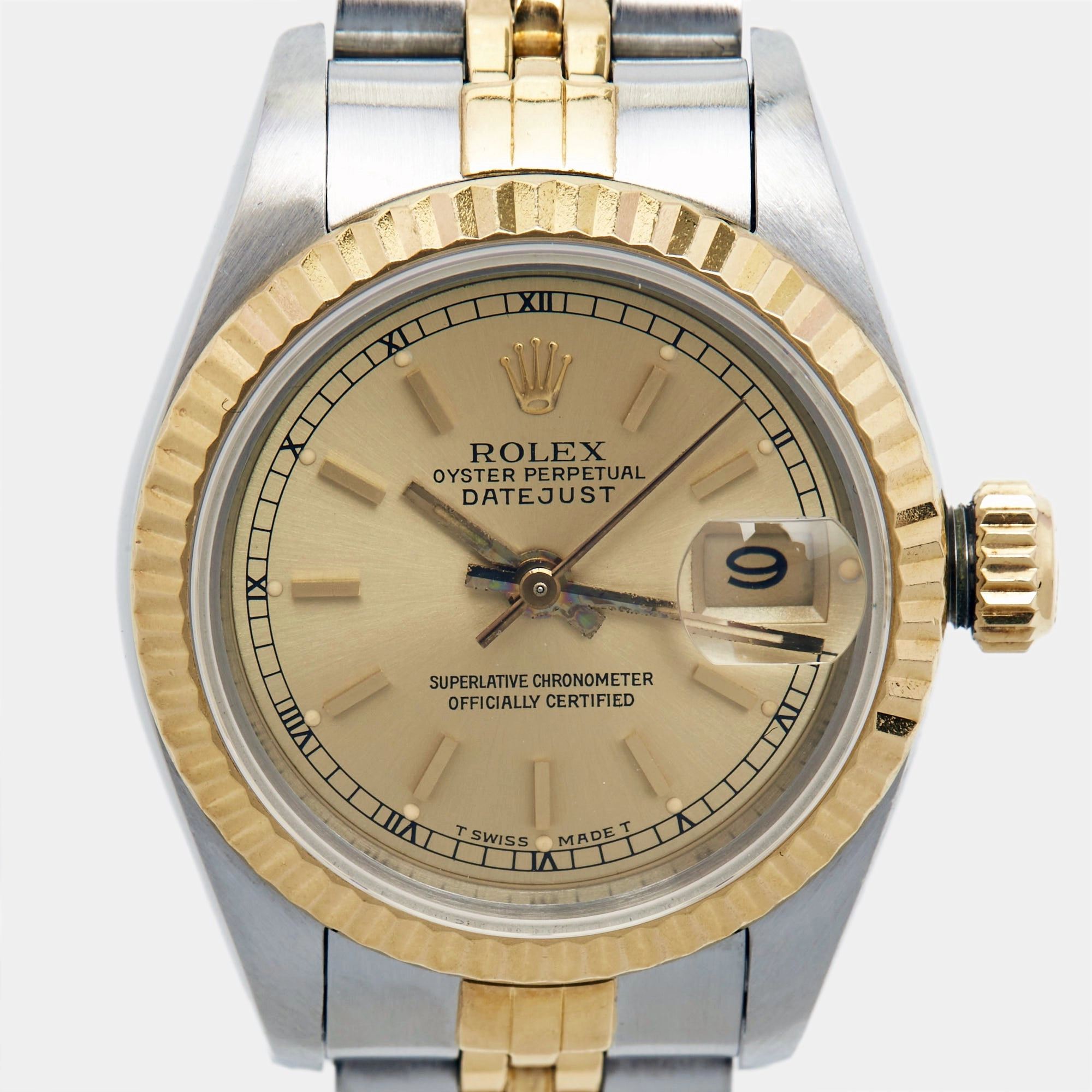 ROLEX Champagne 18k Yellow Gold Stainless Steel Datejust 69173 Women's Wristwatch 26 mm