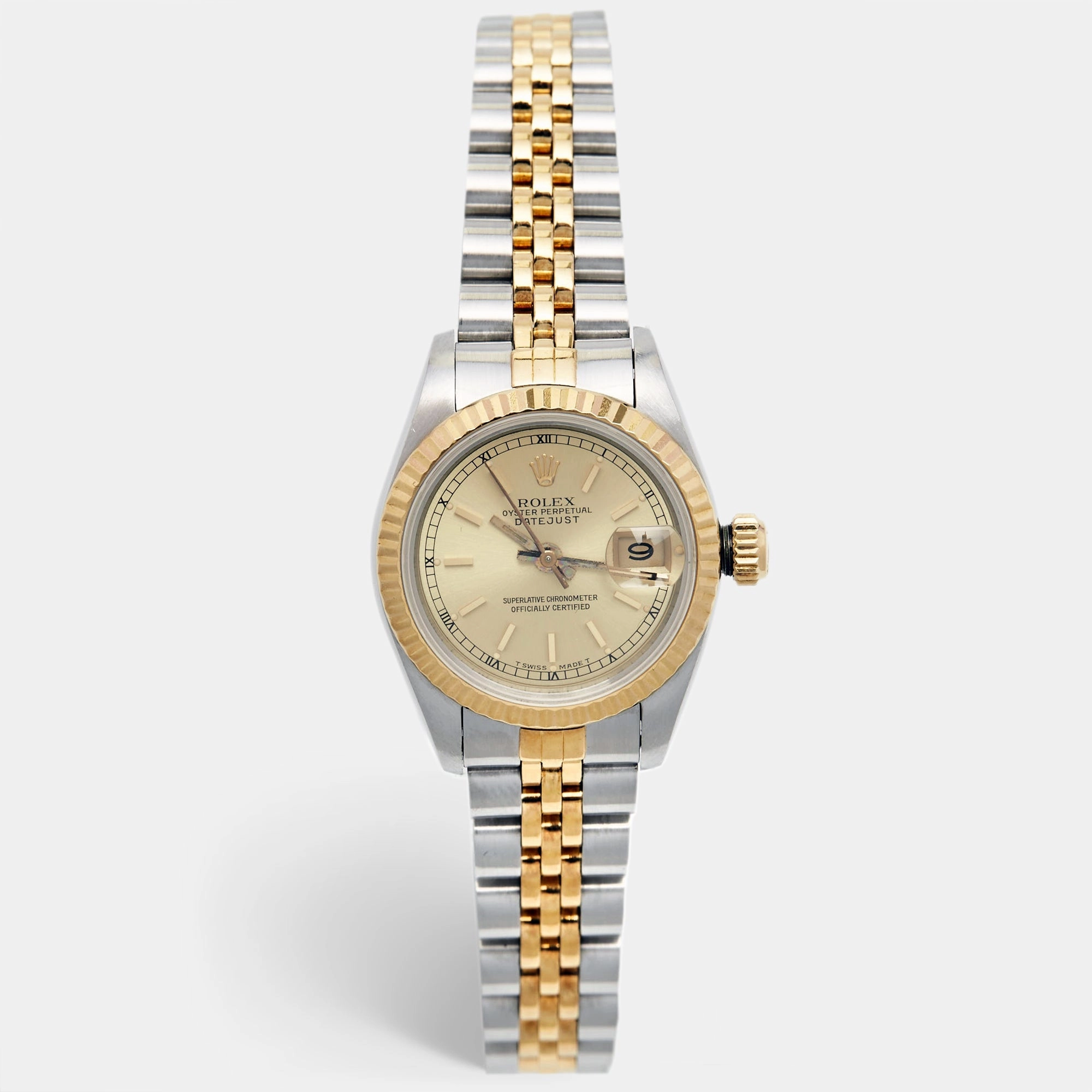 ROLEX Champagne 18k Yellow Gold Stainless Steel Datejust 69173 Women's Wristwatch 26 mm