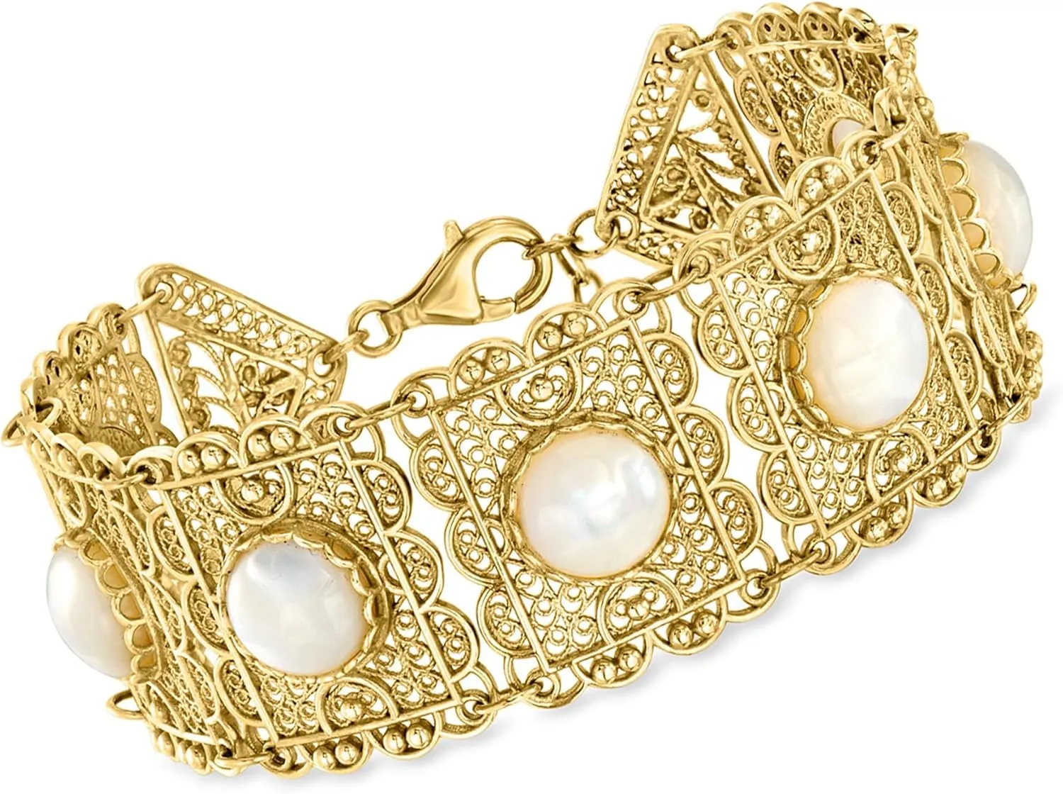 Ross-Simons Mother-Of-Pearl Filigree Panel Bracelet in 18kt Gold Over Sterling. 7 inches