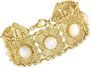 Ross-Simons Mother-Of-Pearl Filigree Panel Bracelet in 18kt Gold Over Sterling. 7 inches