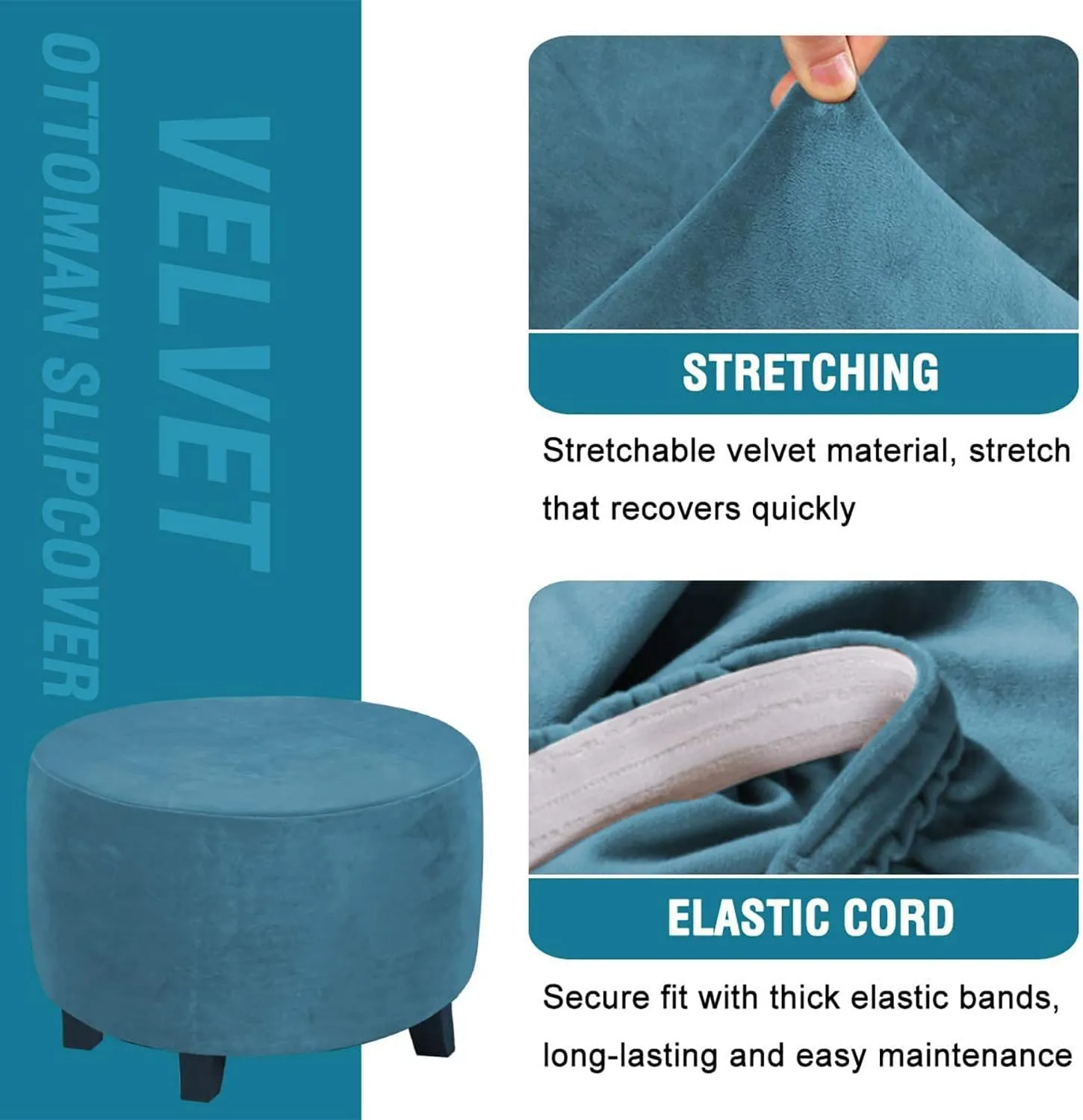 Round Ottoman Covers, High Stretchy Ottoman Slipcover Protector for Footrest Foot Stool Furniture Soft Plush Velvet Ottoman Covers with Elastic Bottom (Peacock blue, X-Large)