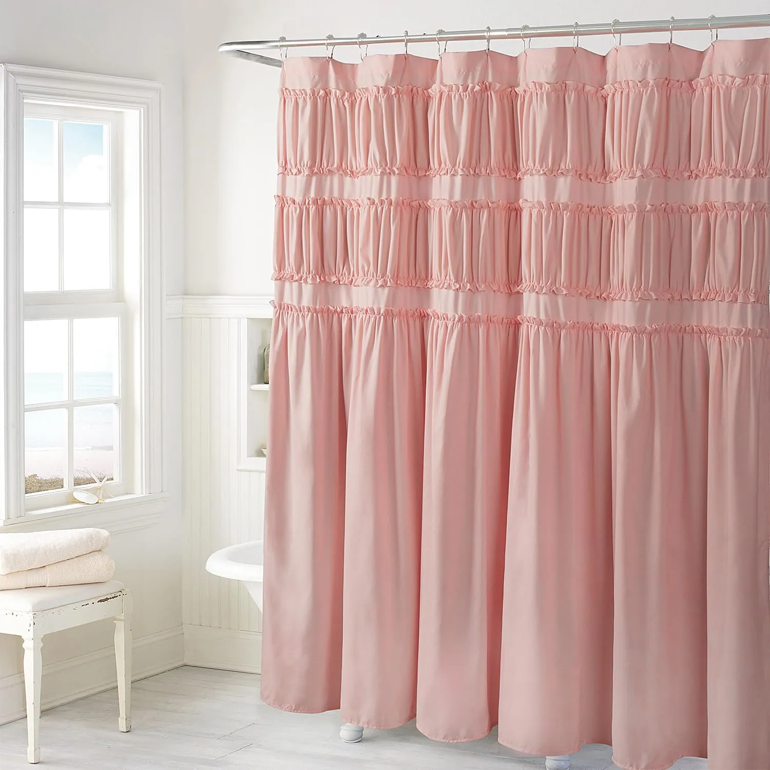 Ruched Ruffled Shower Curtain 72" W x 72" H, Peach Pink Microfiber Rustic Decorative Bath Curtain for Bathroom, Farmhouse and Boho Bathroom Décor, Machine Washable (LQ-38)