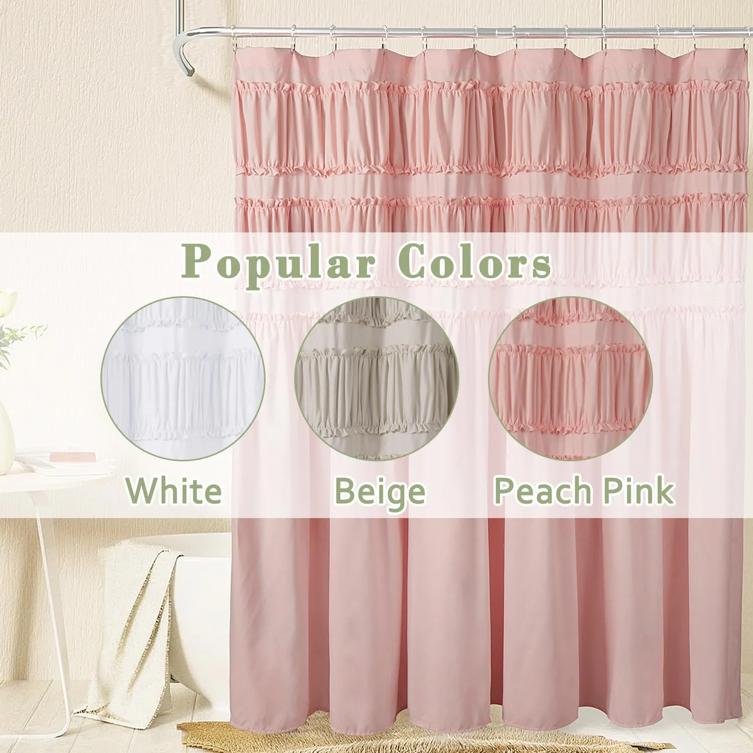 Ruched Ruffled Shower Curtain 72" W x 72" H, Peach Pink Microfiber Rustic Decorative Bath Curtain for Bathroom, Farmhouse and Boho Bathroom Décor, Machine Washable (LQ-38)