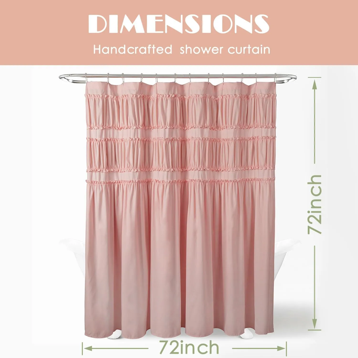 Ruched Ruffled Shower Curtain 72" W x 72" H, Peach Pink Microfiber Rustic Decorative Bath Curtain for Bathroom, Farmhouse and Boho Bathroom Décor, Machine Washable (LQ-38)