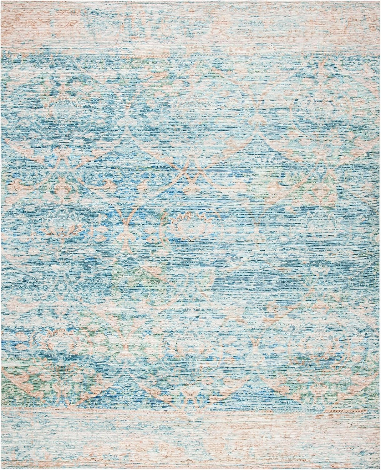 SAFAVIEH Saffron Collection Accent Rug - 4' x 6', Turquoise & Peach, Handmade Boho Chic Distressed Cotton, Ideal for High Traffic Areas in Entryway, Living Room, Bedroom (SFN563A)