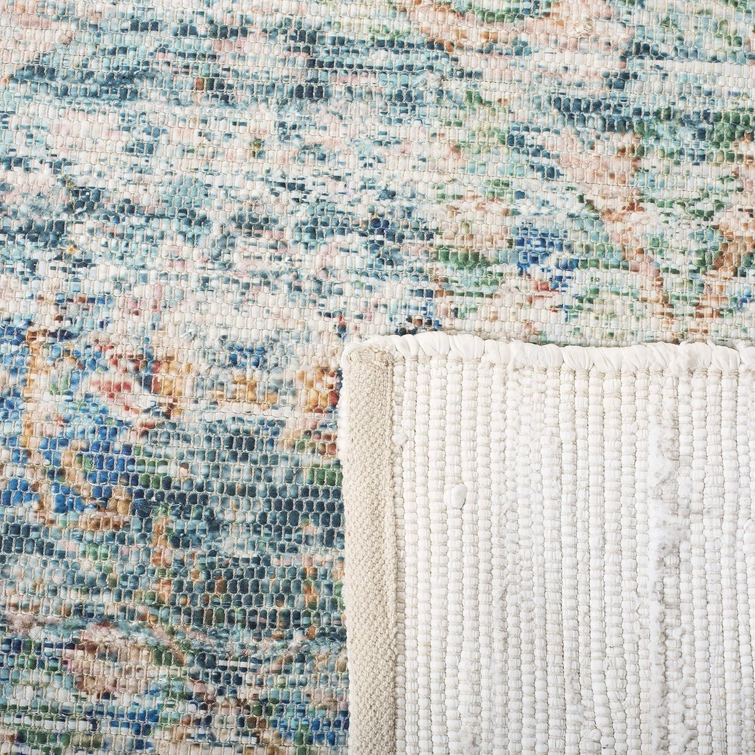 SAFAVIEH Saffron Collection Accent Rug - 4' x 6', Turquoise & Peach, Handmade Boho Chic Distressed Cotton, Ideal for High Traffic Areas in Entryway, Living Room, Bedroom (SFN563A)