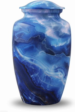 Saint Laurent Blue Marble Urn - Blue Marble Print Metal Cremation Urn for Ashes - Full Size Marvelous Blue Urn - Decoative Adult Urn for Male & Female Ashes Upto 200 lbs with Velvet Bag (Large)