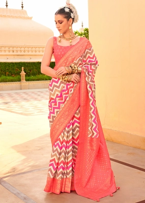 Salmon Peach Printed Soft Silk Saree