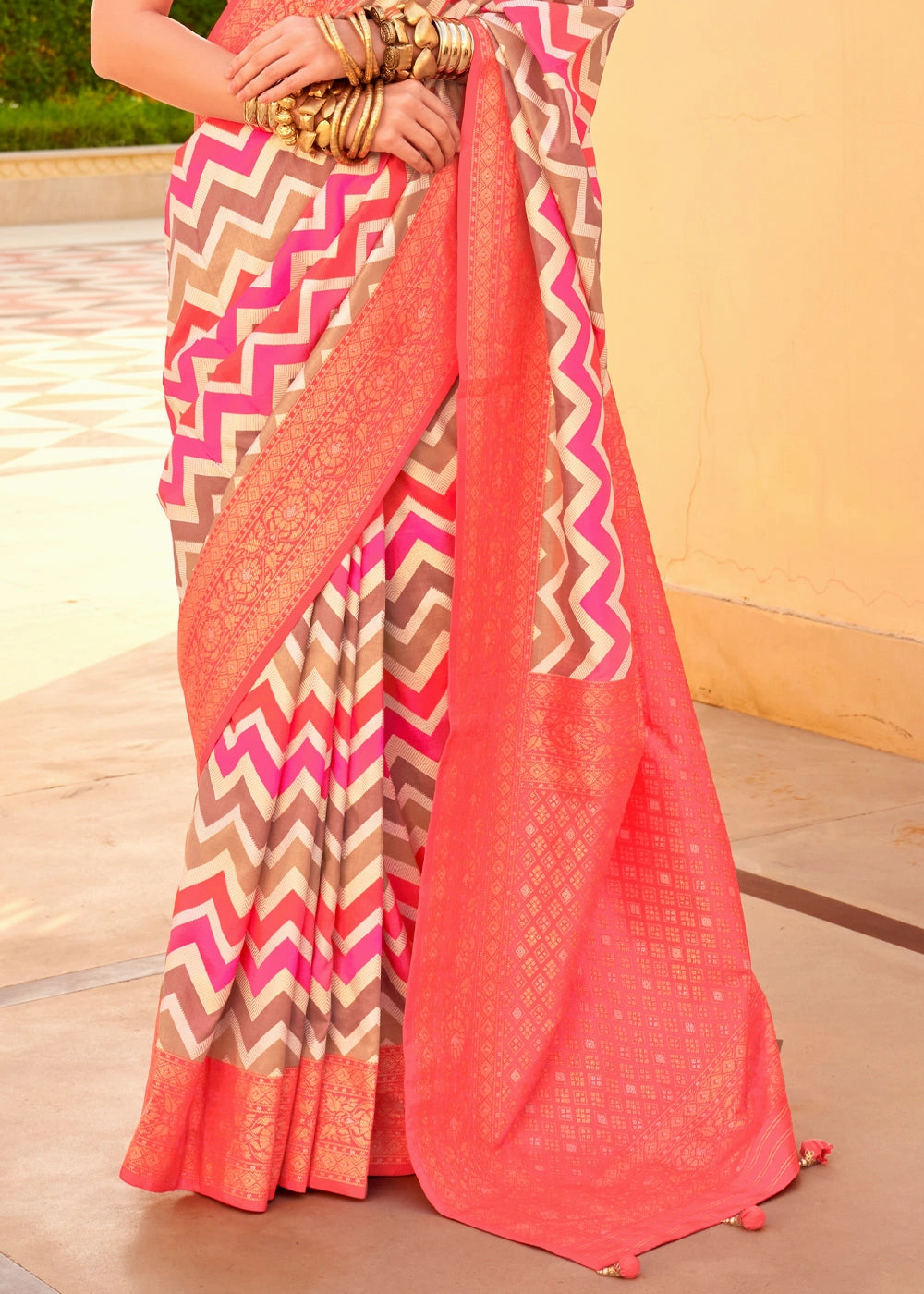 Salmon Peach Printed Soft Silk Saree