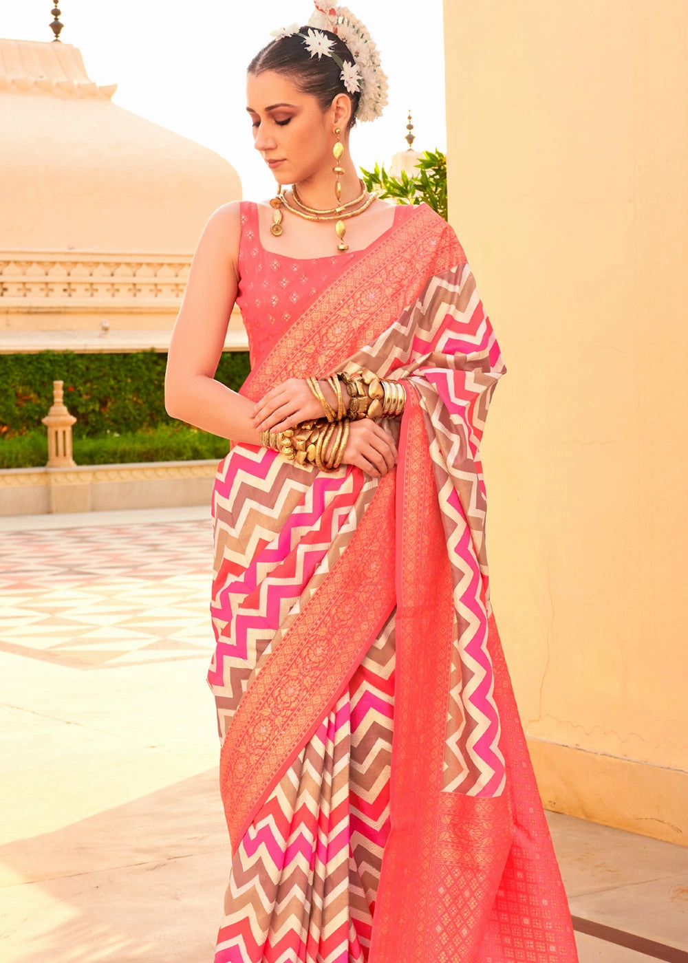 Salmon Peach Printed Soft Silk Saree