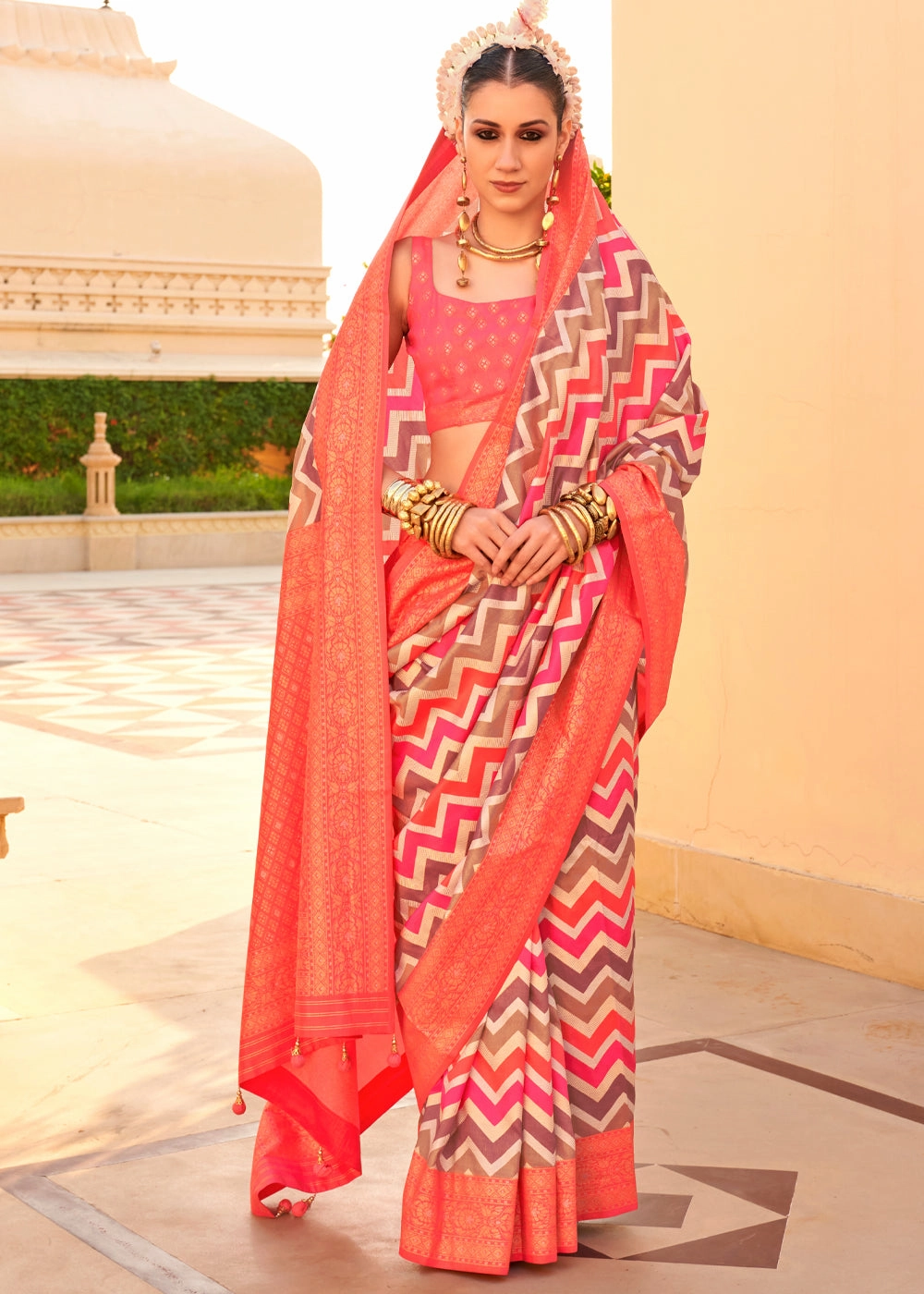Salmon Peach Printed Soft Silk Saree