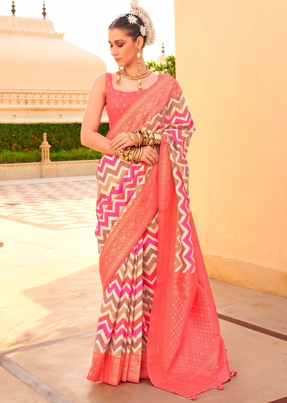 Salmon Peach Printed Soft Silk Saree