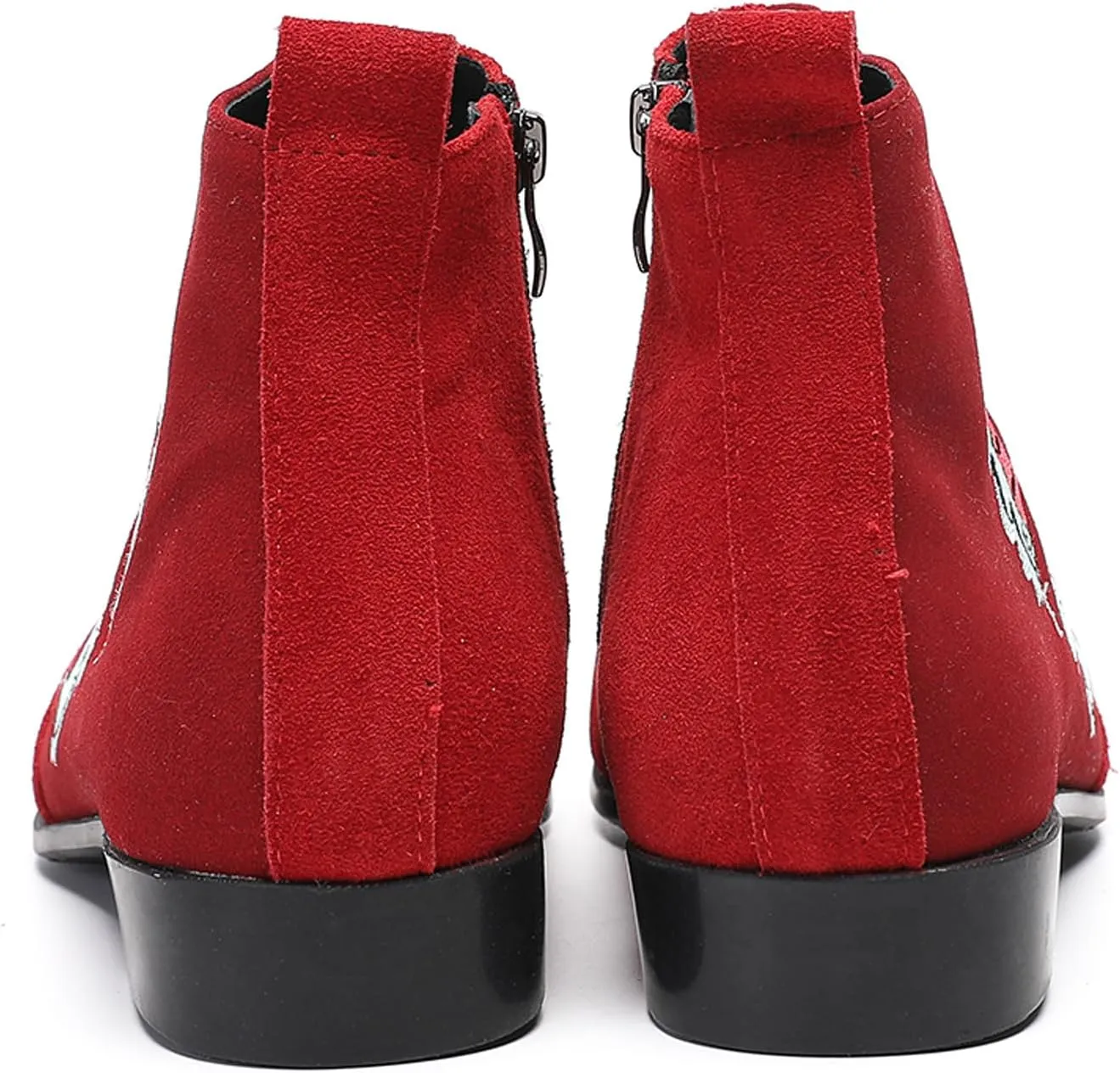Santimon Men’s Suede Red Dress Chelsea Boots – Dragon Embroidered Pointed Toe Ankle Boots with Gold Metal Cap – Stylish Casual Cowboy Boots for Stage, Party, Festival, Clubwear