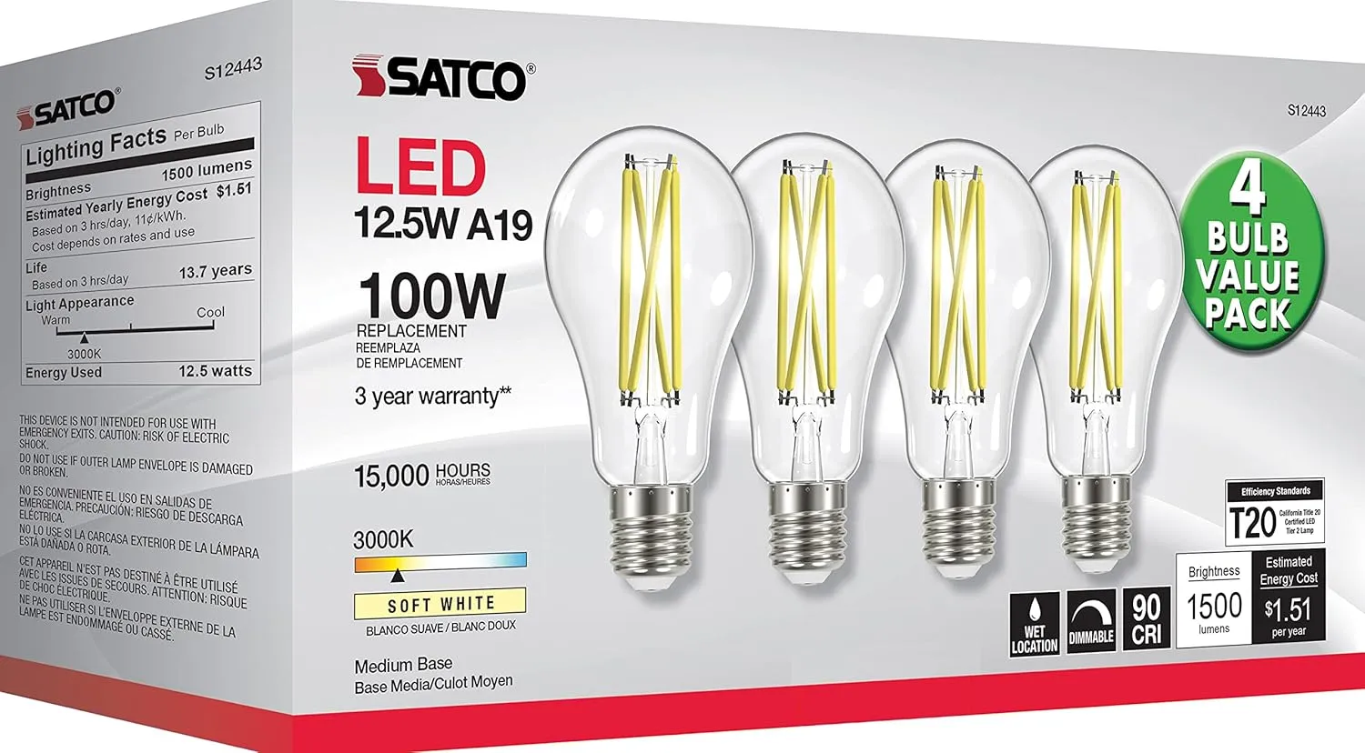 Satco S12443 A19 LED 4-Bulb Value Pack, 100W Replacement, 3000K, Clear
