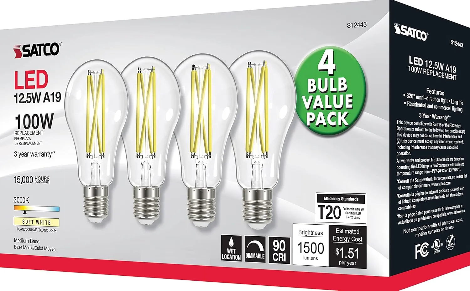 Satco S12443 A19 LED 4-Bulb Value Pack, 100W Replacement, 3000K, Clear