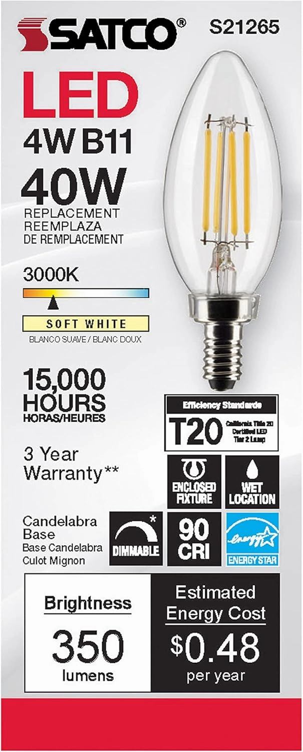Satco Lighting S21265-4 Watt B11 LED Dimmable Light Bulbs - Clear - Candelabra Base - 90 CRI - 3000K Soft White - 350 Lumens - 120 Volts (6 Led Bulbs)
