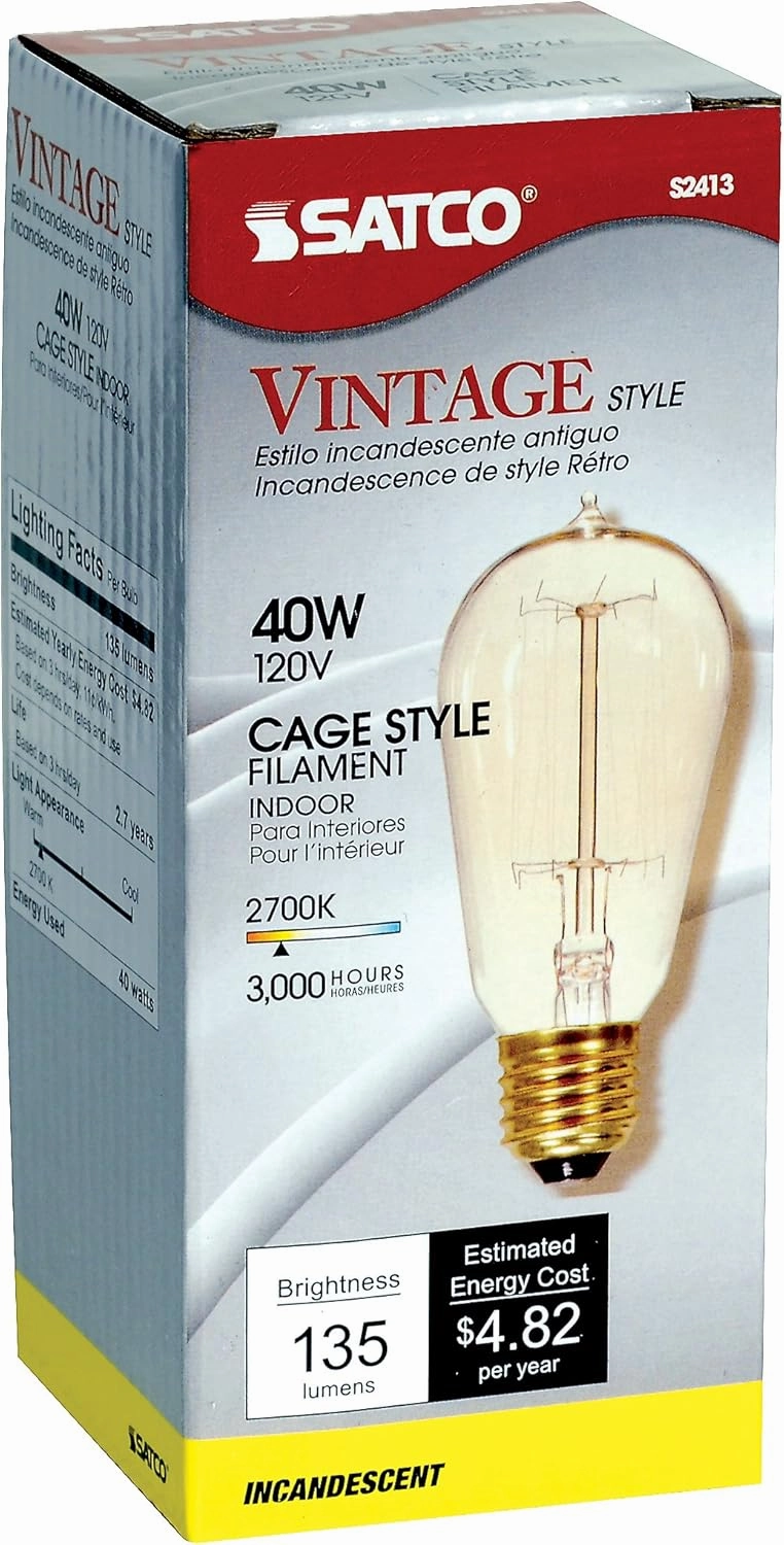 Satco S2413 40 Watt 135 Lumens ST19 Incandescent Medium Base Soft White 2700K Vintage Cage Coil Design Light Bulb, Dimmable