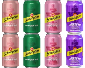 Schweppes Ginger Ale Variety Pack, 4 Flavor White Peach, Regular, Raspberry, Dry Grape, 12 fl oz cans