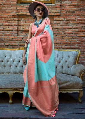 Sea Blue And Peach Woven Soft Silk Saree