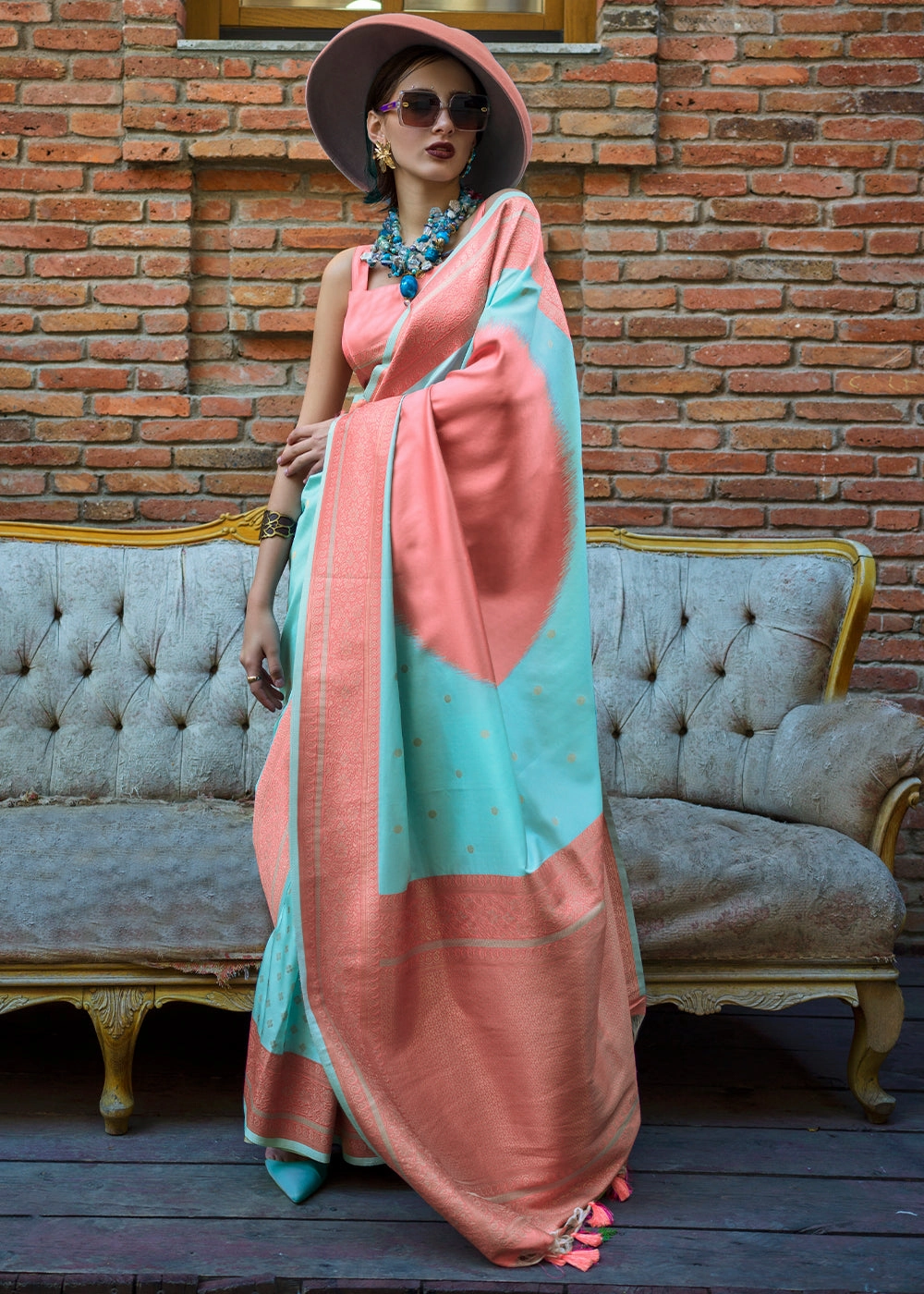 Sea Blue And Peach Woven Soft Silk Saree